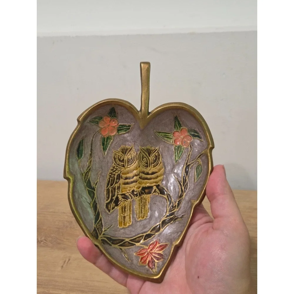 Set Brass Enamel Trinket Dish Leaf Owl + Bell Made in India
